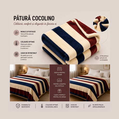 Patura Cocolino Pufoasa cu Dungi Colorate, 200x220 cm, Crem, Albastru si Bordo