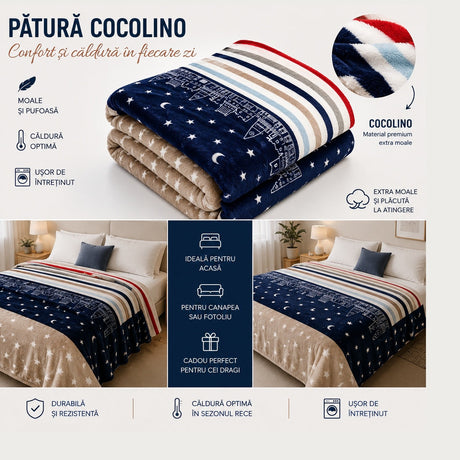 Patura Cocolino Pufoasa cu Dungi si Stele, Bleumarin/Bej, 200x220 cm