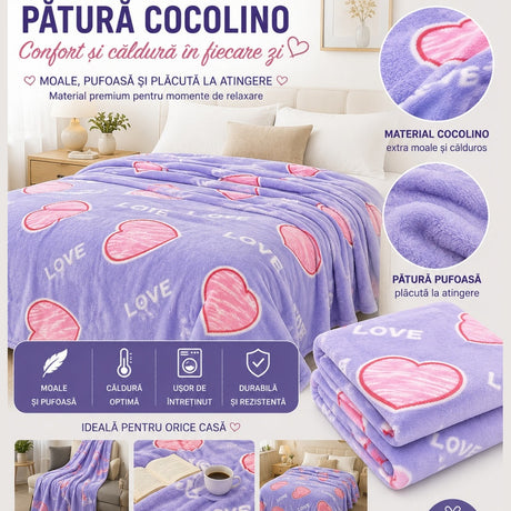 Patura Cocolino Pufoasa cu Inimi Love, 200x220 cm, Mov Deschis