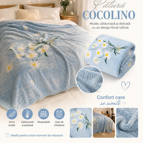Patura Cocolino Pufoasa cu Margarete, Albastru Deschis, 200x220 cm