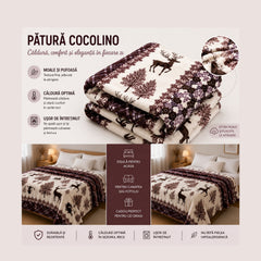 Patura Cocolino Pufoasa cu Model Cerbi si Flori, 200x220 cm, Crem cu Maro