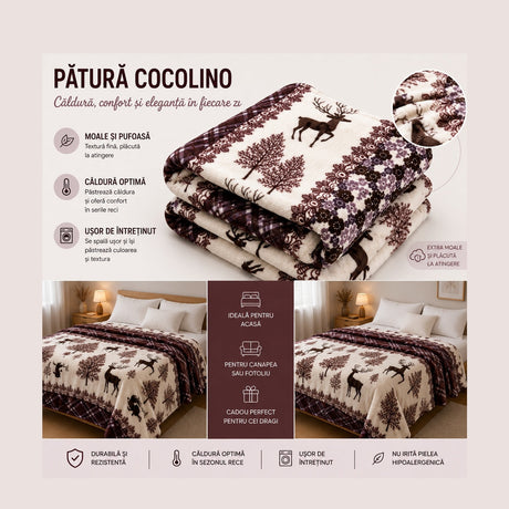 Patura Cocolino Pufoasa cu Model Cerbi si Flori, 200x220 cm, Crem cu Maro