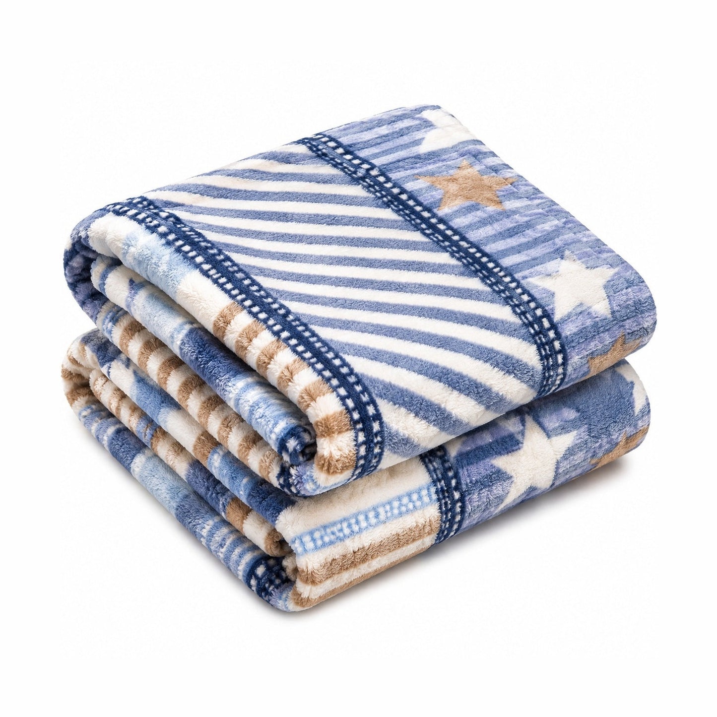 Patura Cocolino Pufoasa cu Model Dungi si Stelute, 200x220 cm, Albastru si Crem