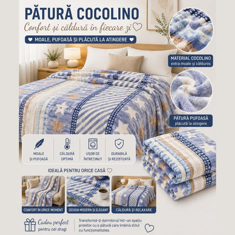 Patura Cocolino Pufoasa cu Model Dungi si Stelute, 200x220 cm, Albastru si Crem