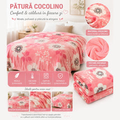 Patura Cocolino Pufoasa cu Model Floral, 200x220 cm, Roz Coral