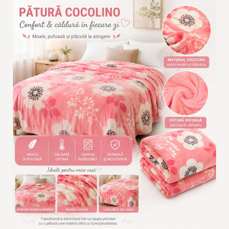 Patura Cocolino Pufoasa cu Model Floral, 200x220 cm, Roz Coral