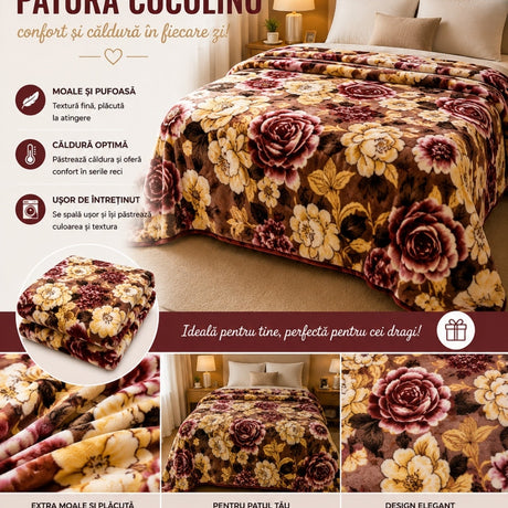Patura Cocolino Pufoasa cu Model Floral Elegant, 200x220 cm, Maro si Crem