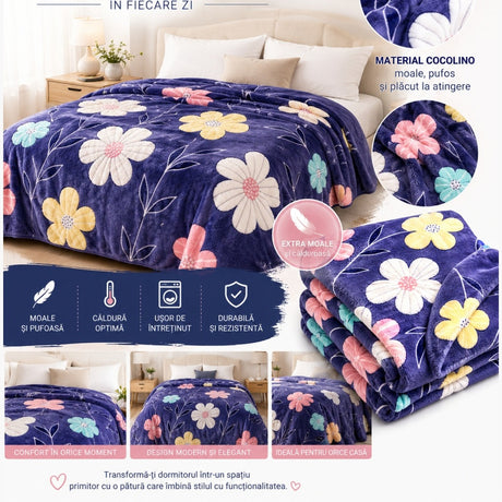 Patura Cocolino Pufoasa cu Model Floral Multicolor, 200x220 cm, Mov Inchis