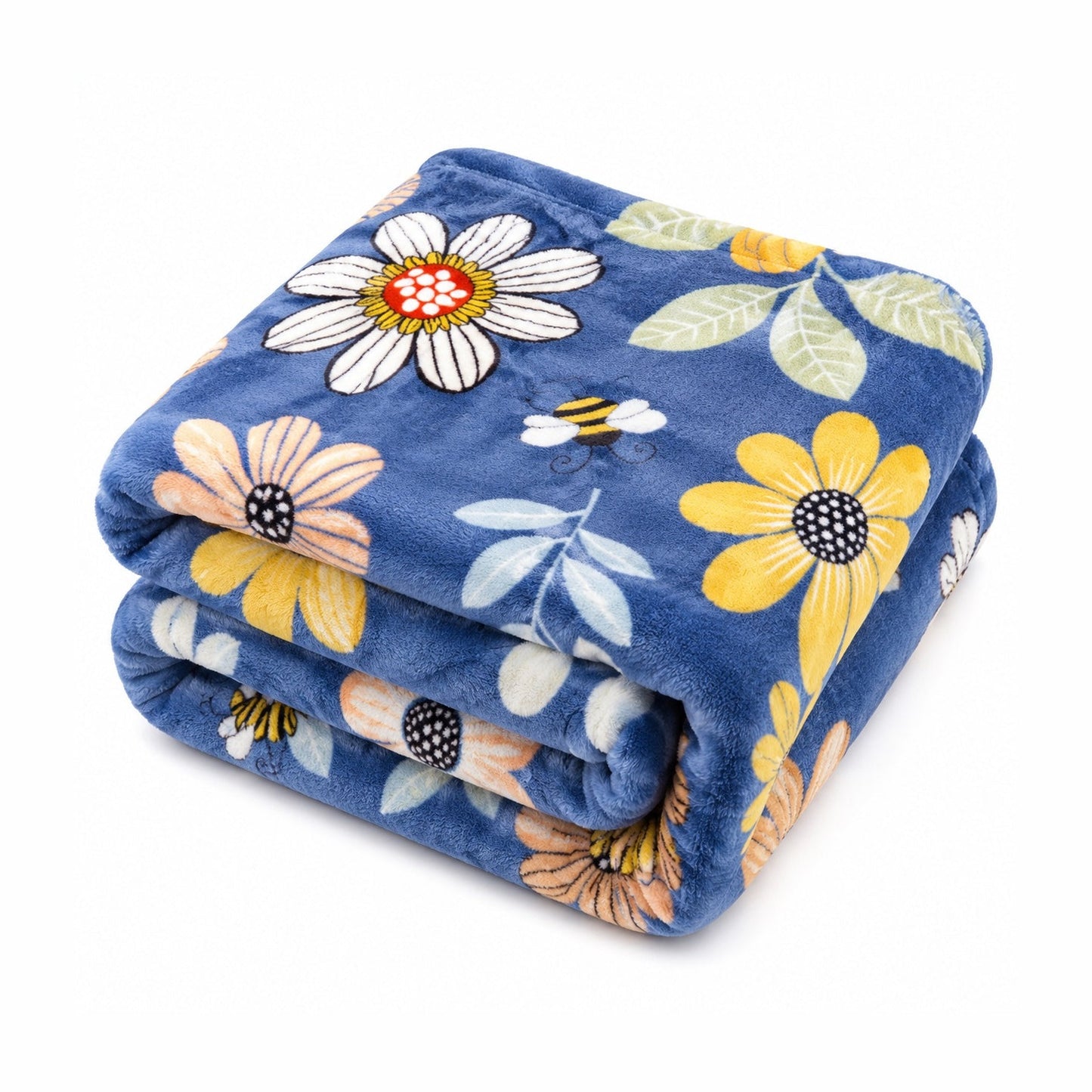 Patura Cocolino Pufoasa cu Model Floral si Albine, 200x220 cm, Albastru