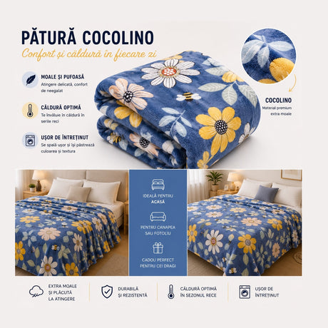 Patura Cocolino Pufoasa cu Model Floral si Albine, 200x220 cm, Albastru