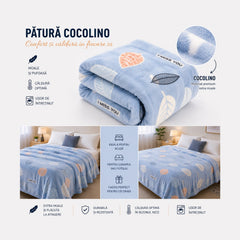 Patura Cocolino Pufoasa cu Model Frunze, 200x220 cm, Albastru Deschis