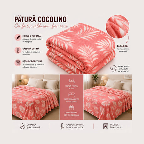 Patura Cocolino Pufoasa cu Model Frunze Tropicale, 200x220 cm, Roz Coral