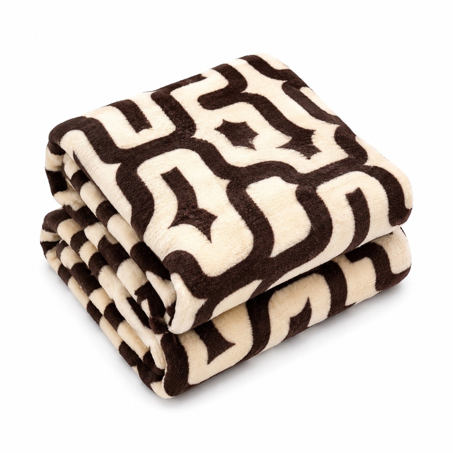 Patura Cocolino Pufoasa cu Model Geometric Modern, 200x220 cm, Crem si Maro