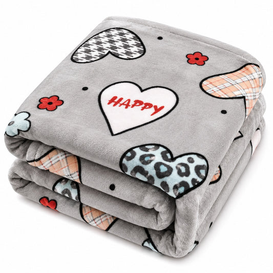 Patura Cocolino Pufoasa cu Model Inimi Happy, 200x220 cm, Gri