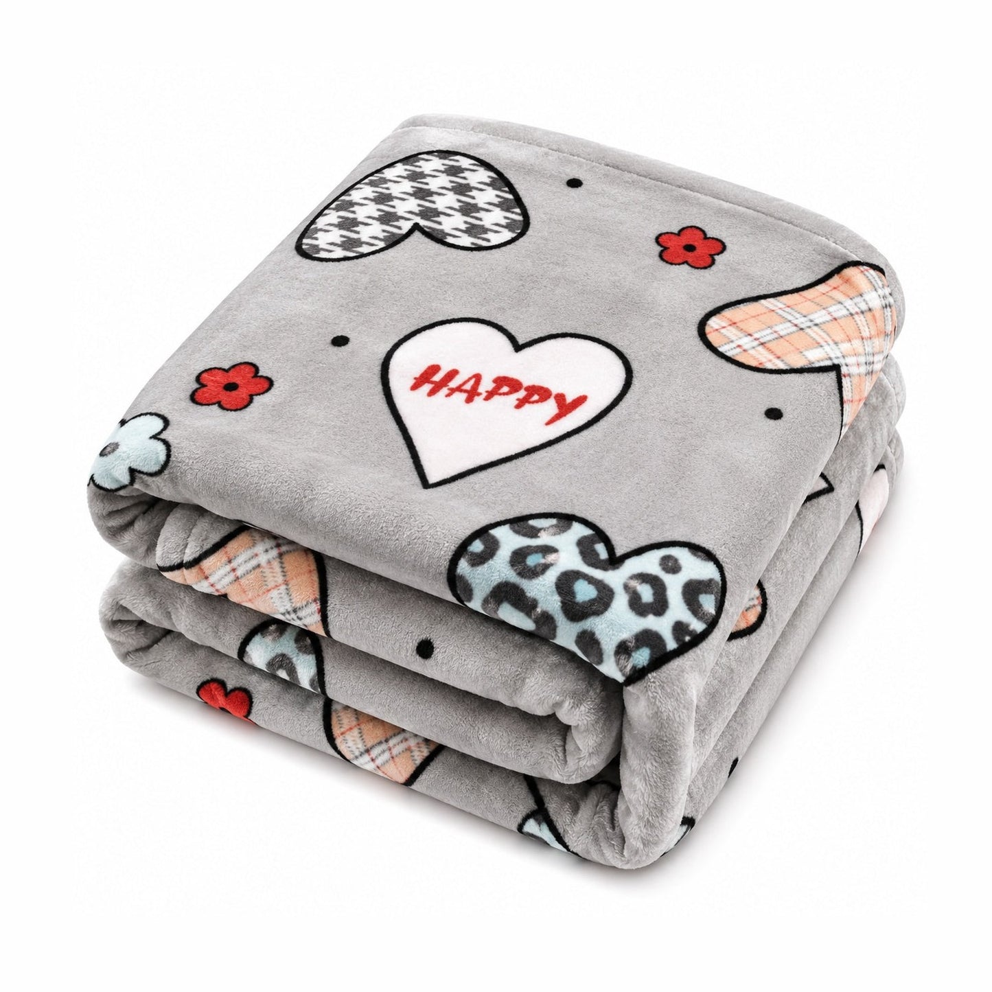 Patura Cocolino Pufoasa cu Model Inimi Happy, 200x220 cm, Gri