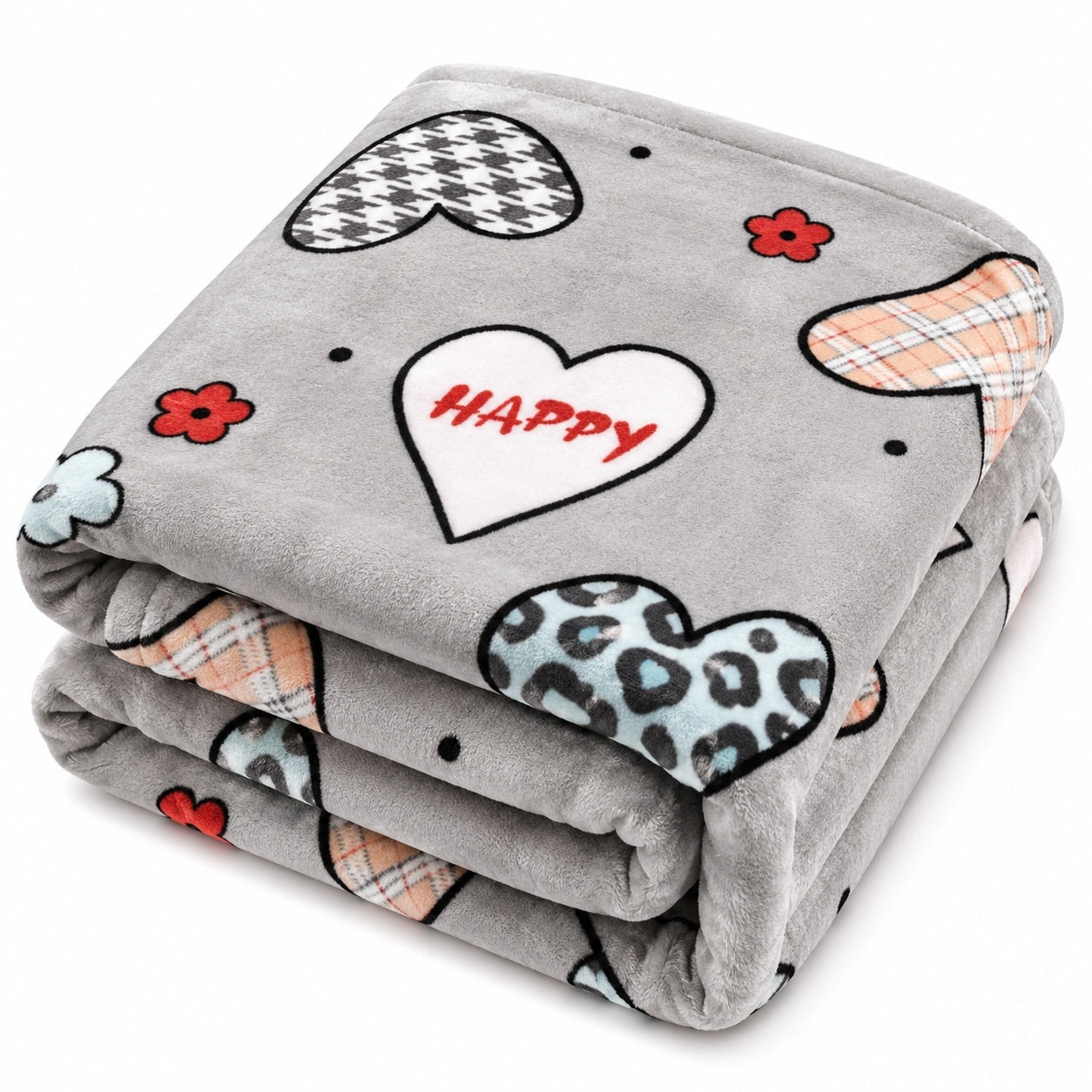 Patura Cocolino Pufoasa cu Model Inimi Happy, 200x220 cm, Gri