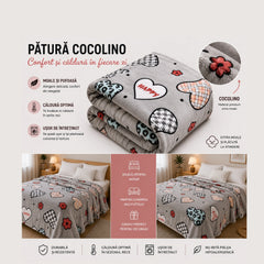 Patura Cocolino Pufoasa cu Model Inimi Happy, 200x220 cm, Gri