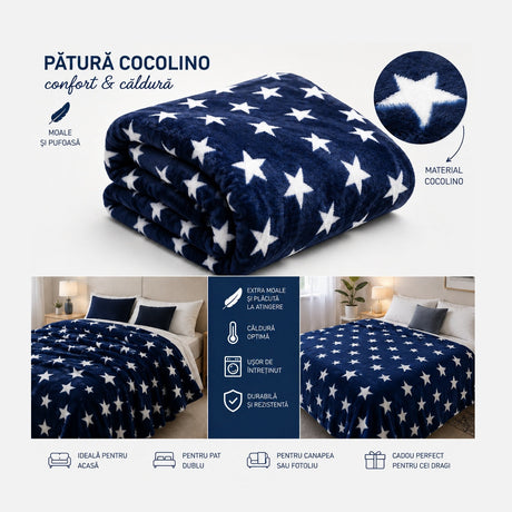 Patura Cocolino Pufoasa cu Stele Albe, Bleumarin, 200x220 cm