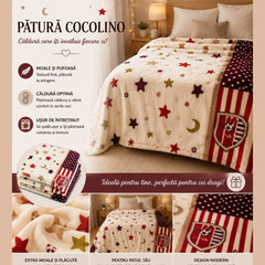 Patura Cocolino Pufoasa cu Stele si Luna, Crem Bordo, 200x220 cm