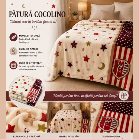 Patura Cocolino Pufoasa cu Stele si Luna, Crem Bordo, 200x220 cm