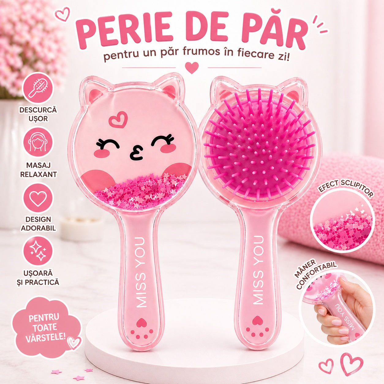Perie de Păr, 15cm, model dragut cu stelute – Diverse Modele