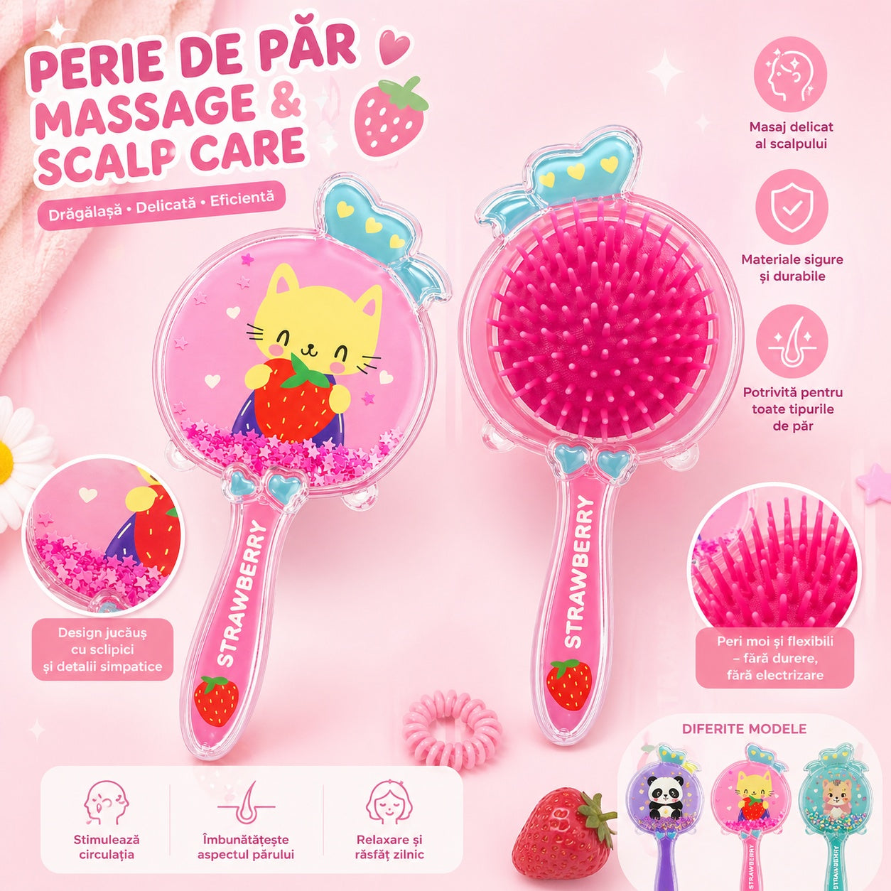 Perie de Păr cu Fructe și Personaje Vesele, 15cm – Diverse Modele