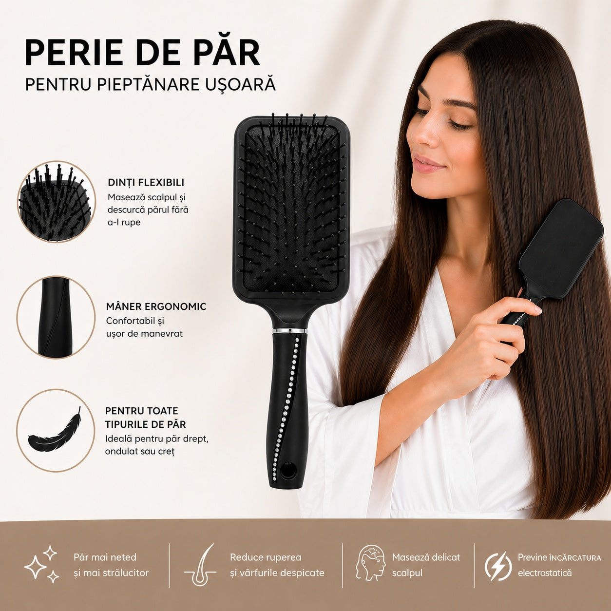 Perie de Păr neagra cu maner ergonomic – Descurcare Ușoară și Păr Strălucitor