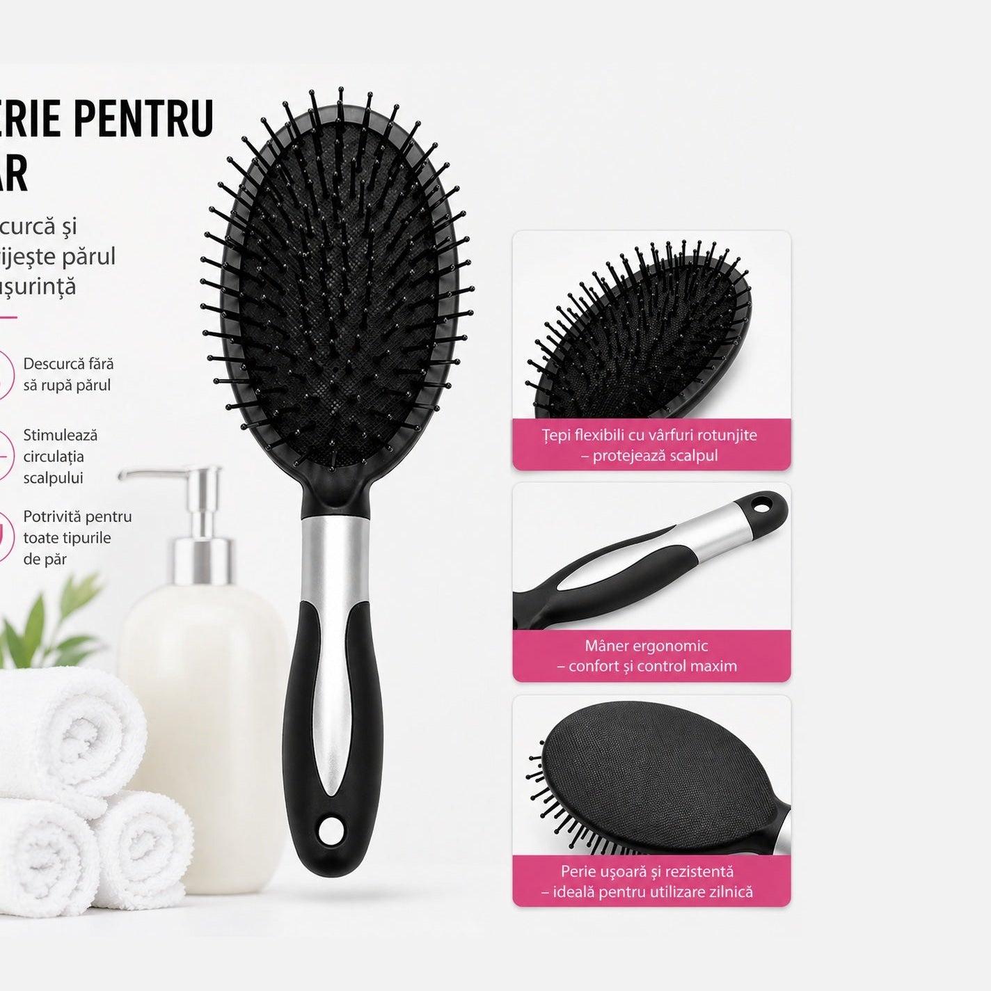 Perie de Păr Ovala cu Peri Flexibili – Descurcare Delicată și Îngrijire Zilnică