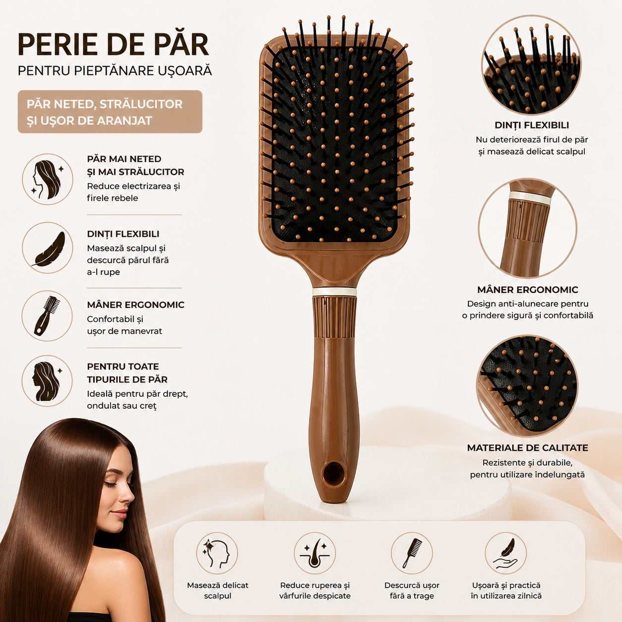 Perie de Păr Paddle Maro – Descurcare Delicată și Păr Strălucitor