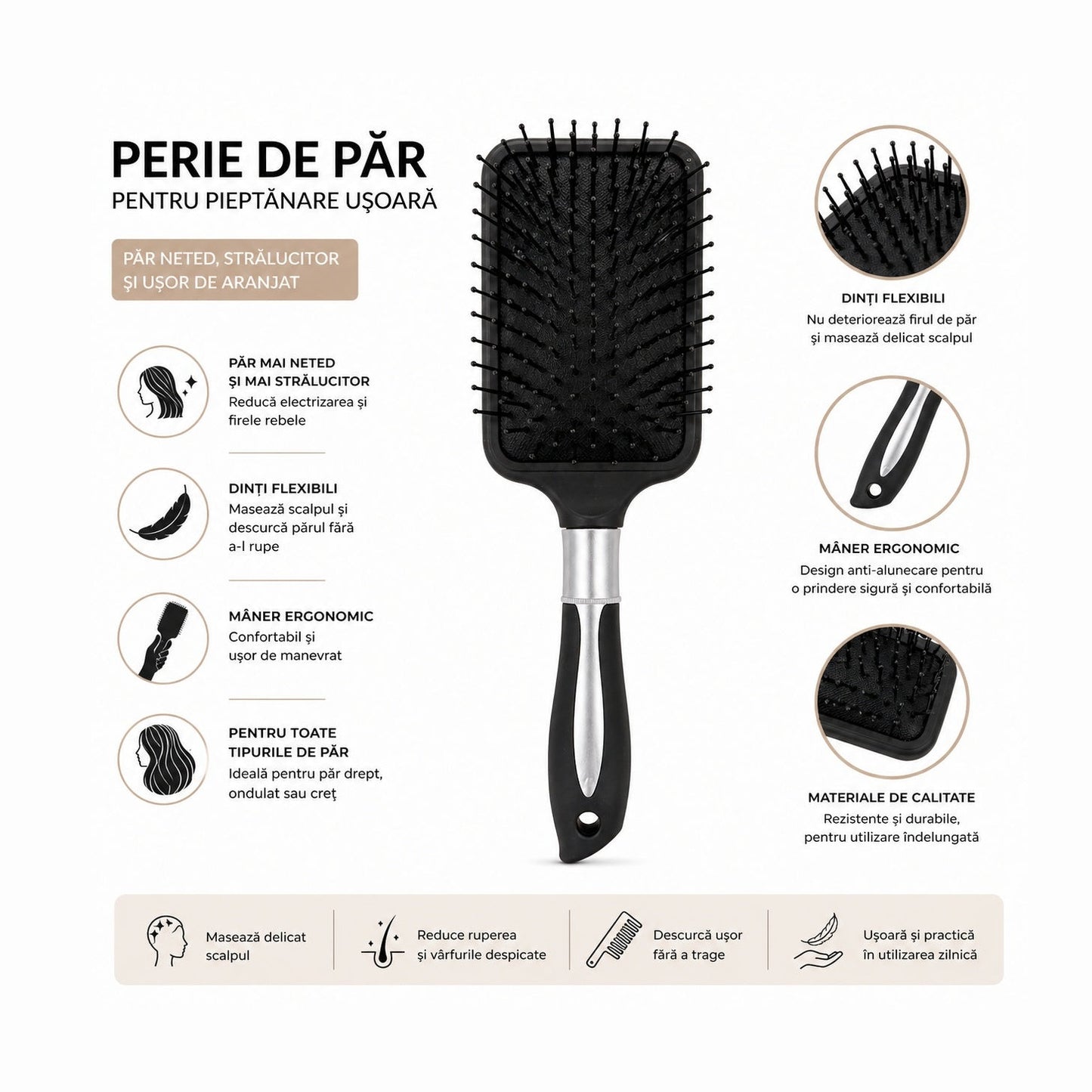Perie de Păr Profesională cu Dinți Flexibili, neagra – Descurcare Delicată și Păr Strălucitor