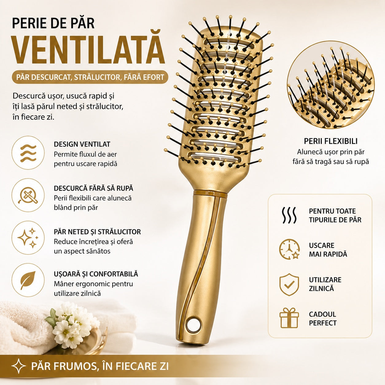 Perie de Păr Ventilată , aurie – Descurcare Ușoară și Uscare Rapidă