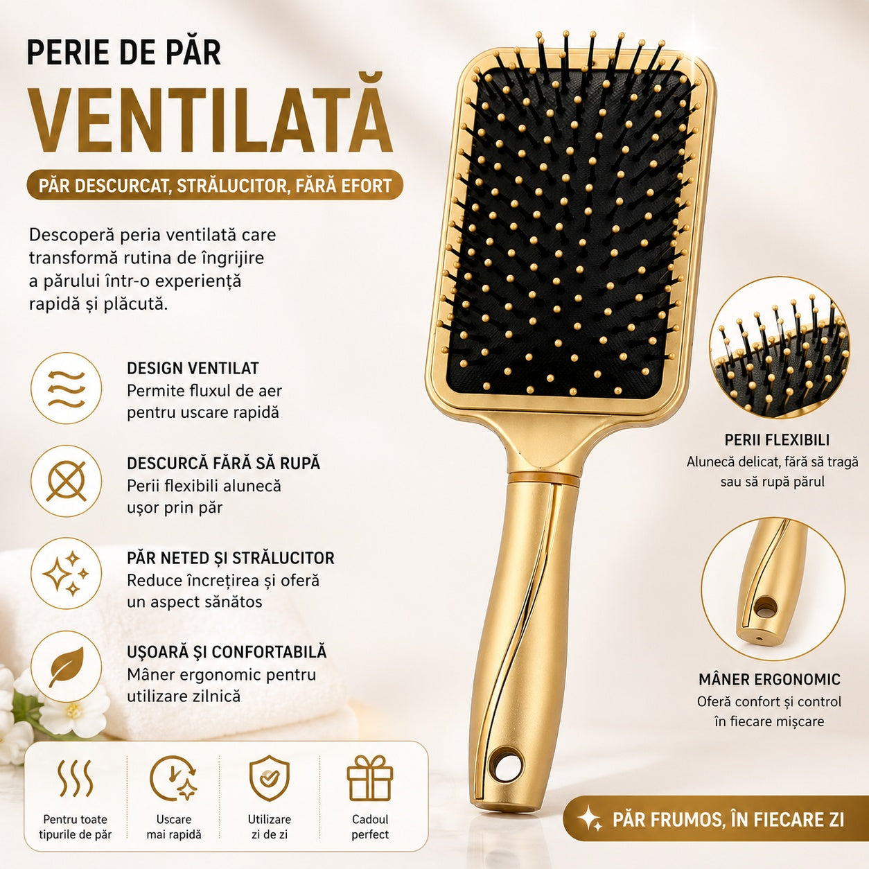 Perie de Păr Ventilată Aurie – Descurcare Ușoară și Uscare Rapidă
