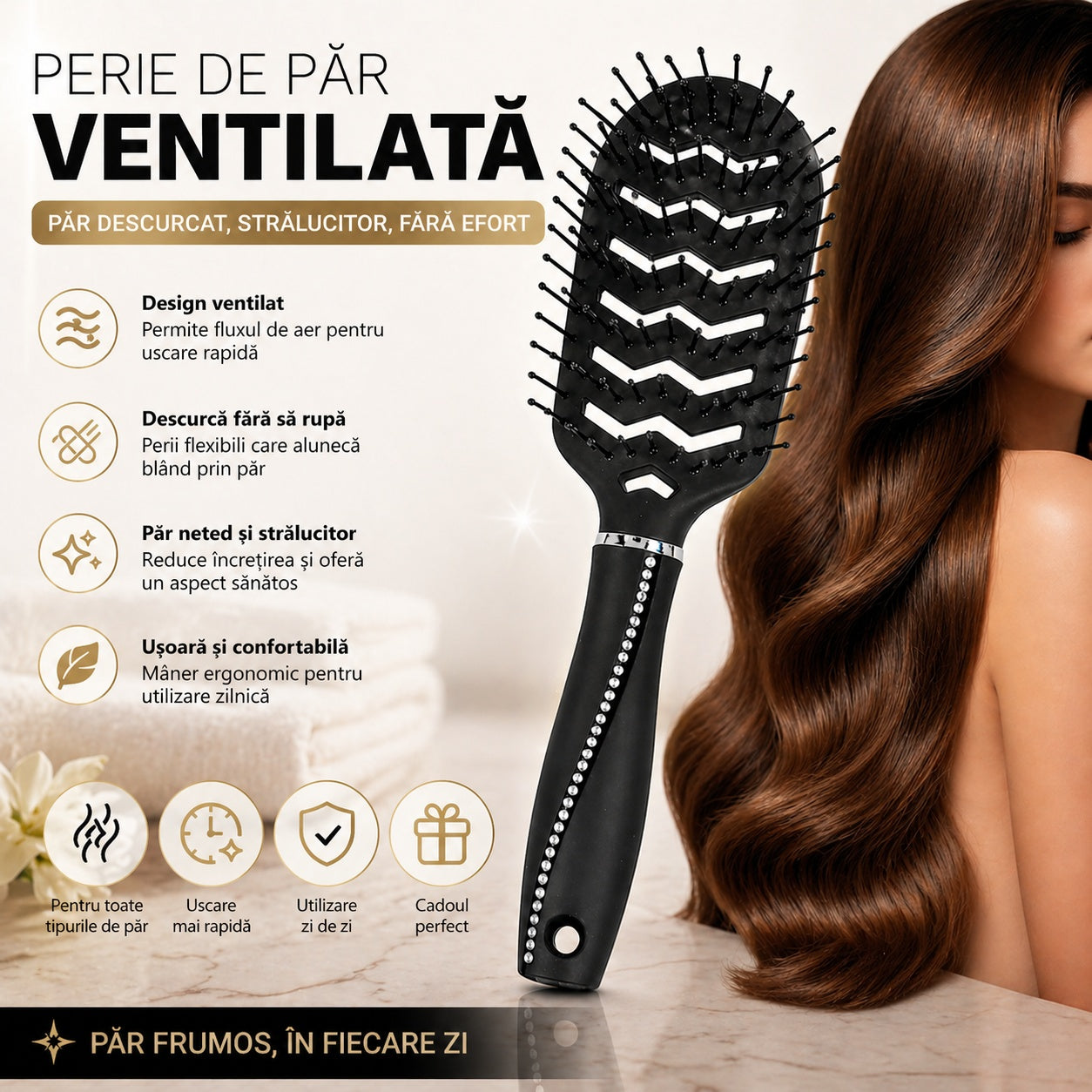Perie de Păr Ventilată Profesională – Uscare Rapidă și Descurcare Delicată