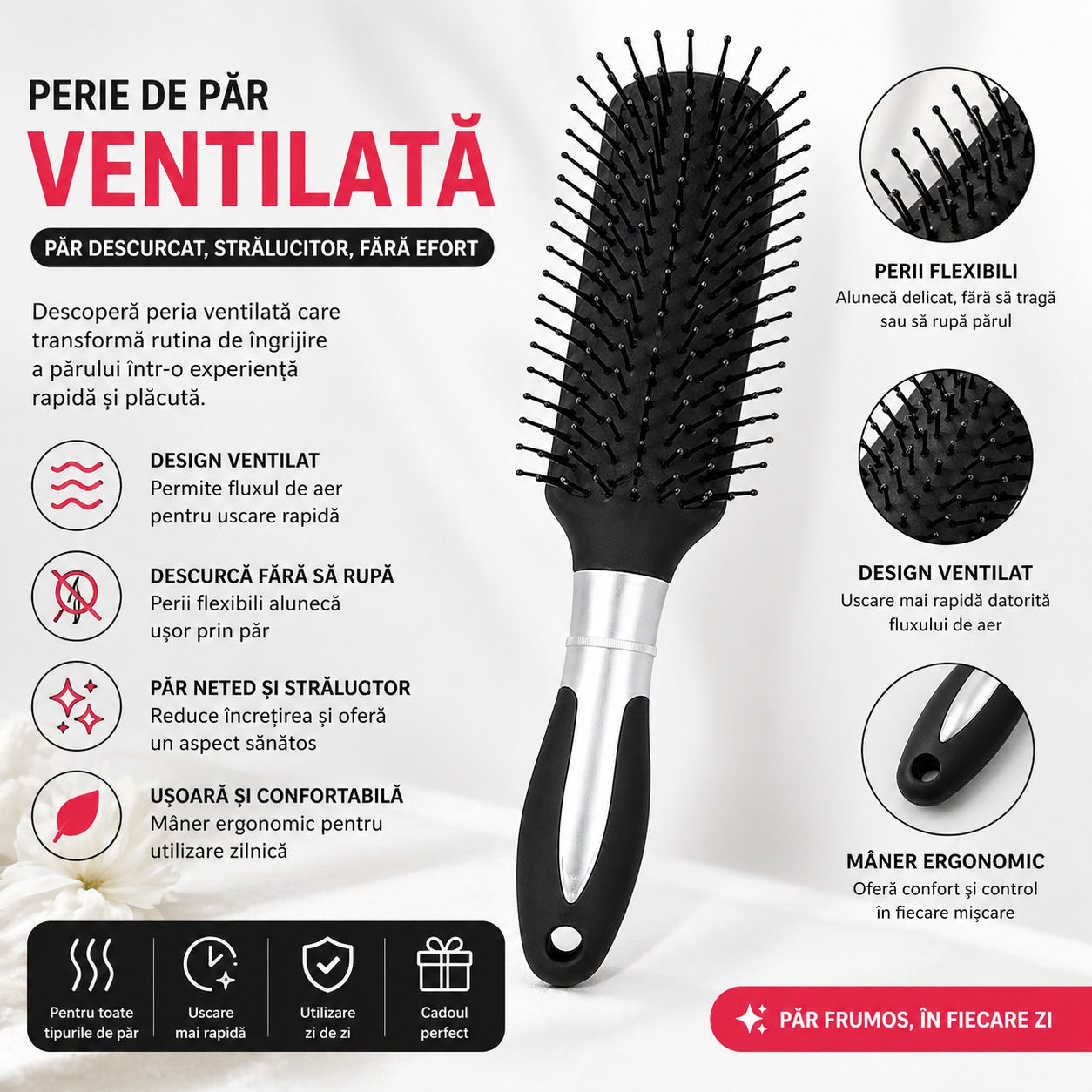 Perie de Păr Ventilată Profesională , neagra – Descurcare Rapidă și Uscare Eficientă