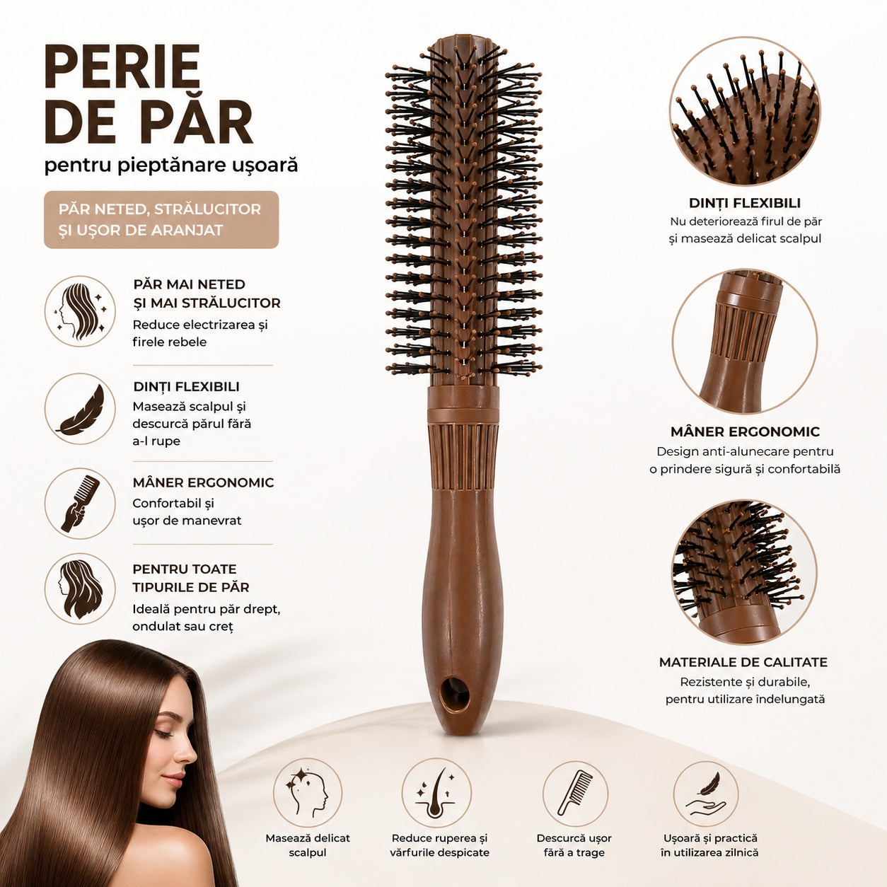 Perie Rotundă Maro pentru Păr – Styling Rapid, Volum și Păr Strălucitor