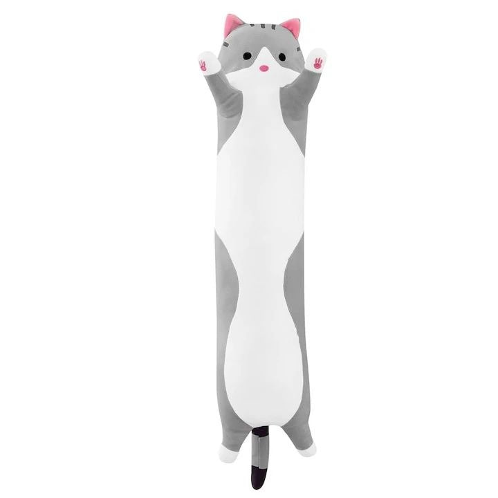Perna Plus Pisica Gri 70 cm , Jucarie XL Pufoasa, Antistres, Decor Modern