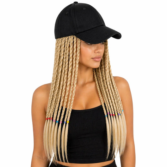 Peruca impletita blond 50 cm cu sapca neagra stil modern