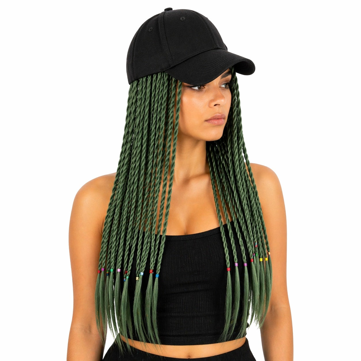 Peruca impletita verde 50 cm cu sapca neagra stil modern