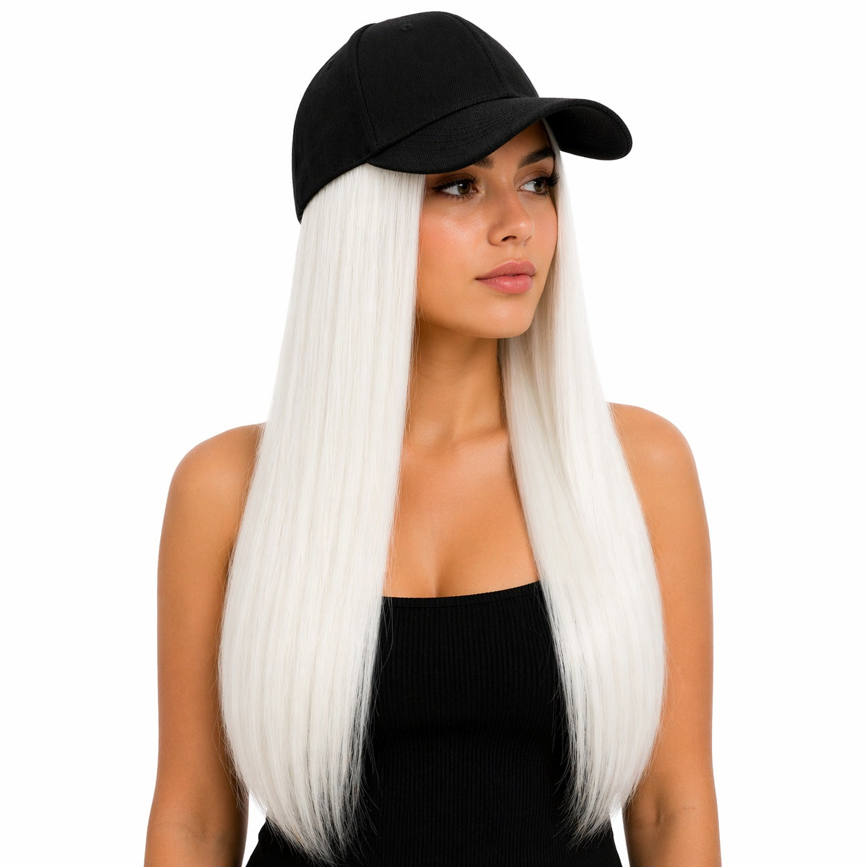 Peruca lunga 50 cm cu sapca neagra, par alb drept