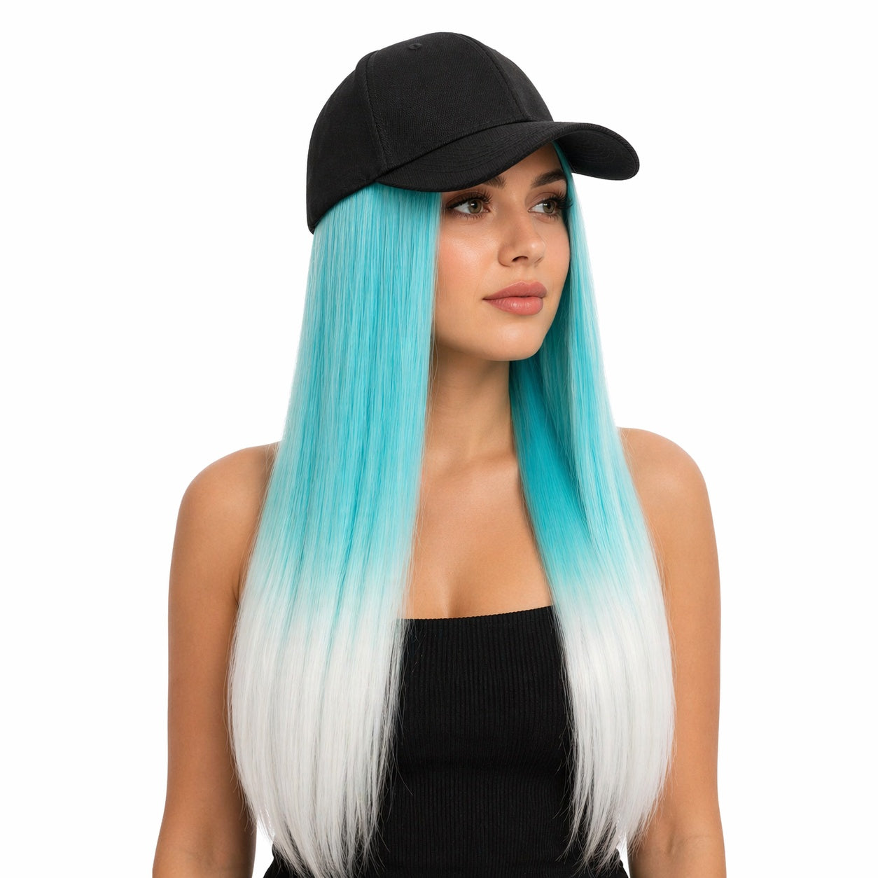 Peruca lunga 50 cm cu sapca neagra, par albastru cu efect ombre alb