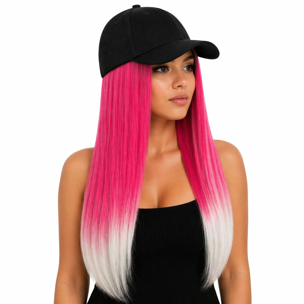 Peruca lunga 50 cm cu sapca neagra, par fucsia cu varfuri albe