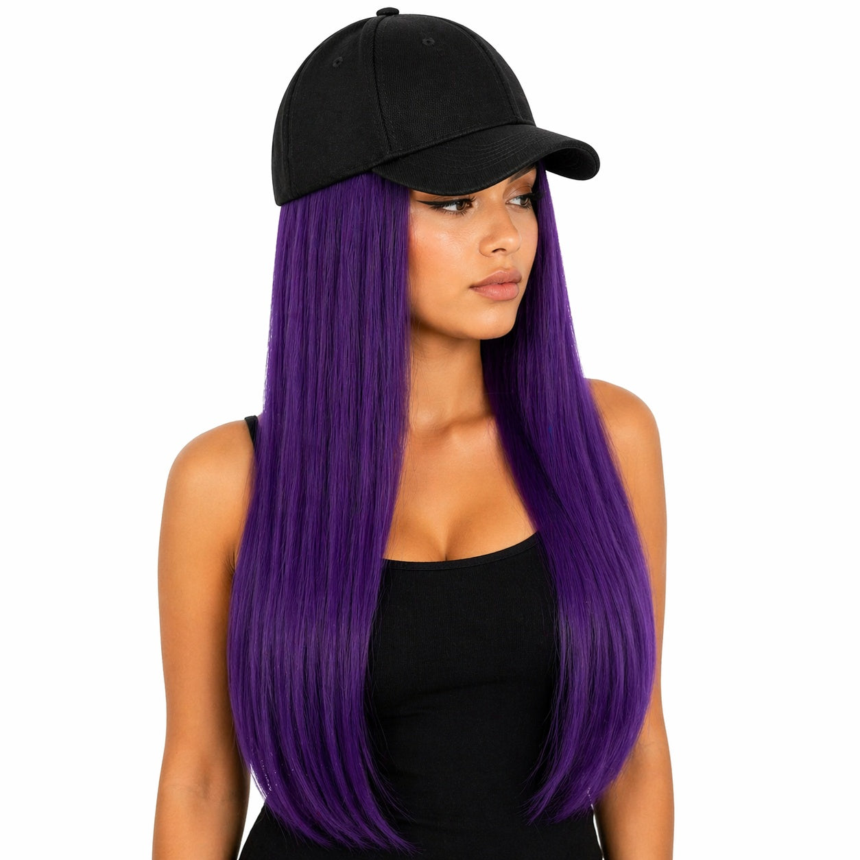Peruca lunga 50 cm cu sapca neagra, par mov drept