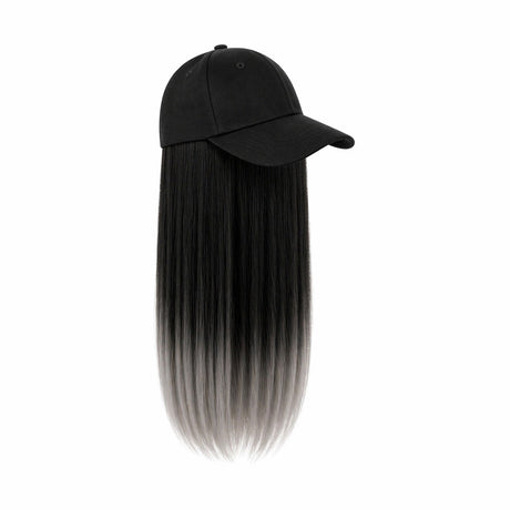 Peruca lunga 50 cm cu sapca neagra, par negru cu efect ombre gri