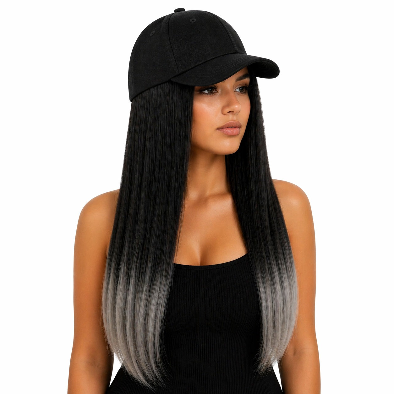Peruca lunga 50 cm cu sapca neagra, par negru cu efect ombre gri