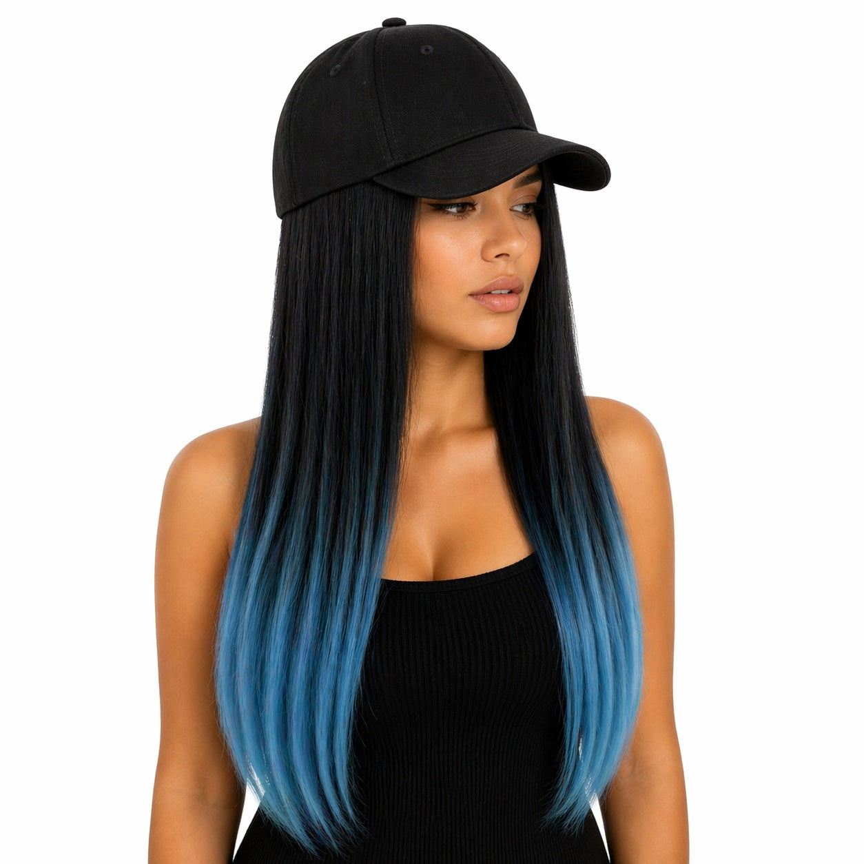 Peruca lunga 50 cm cu sapca neagra, par negru cu ombre albastru