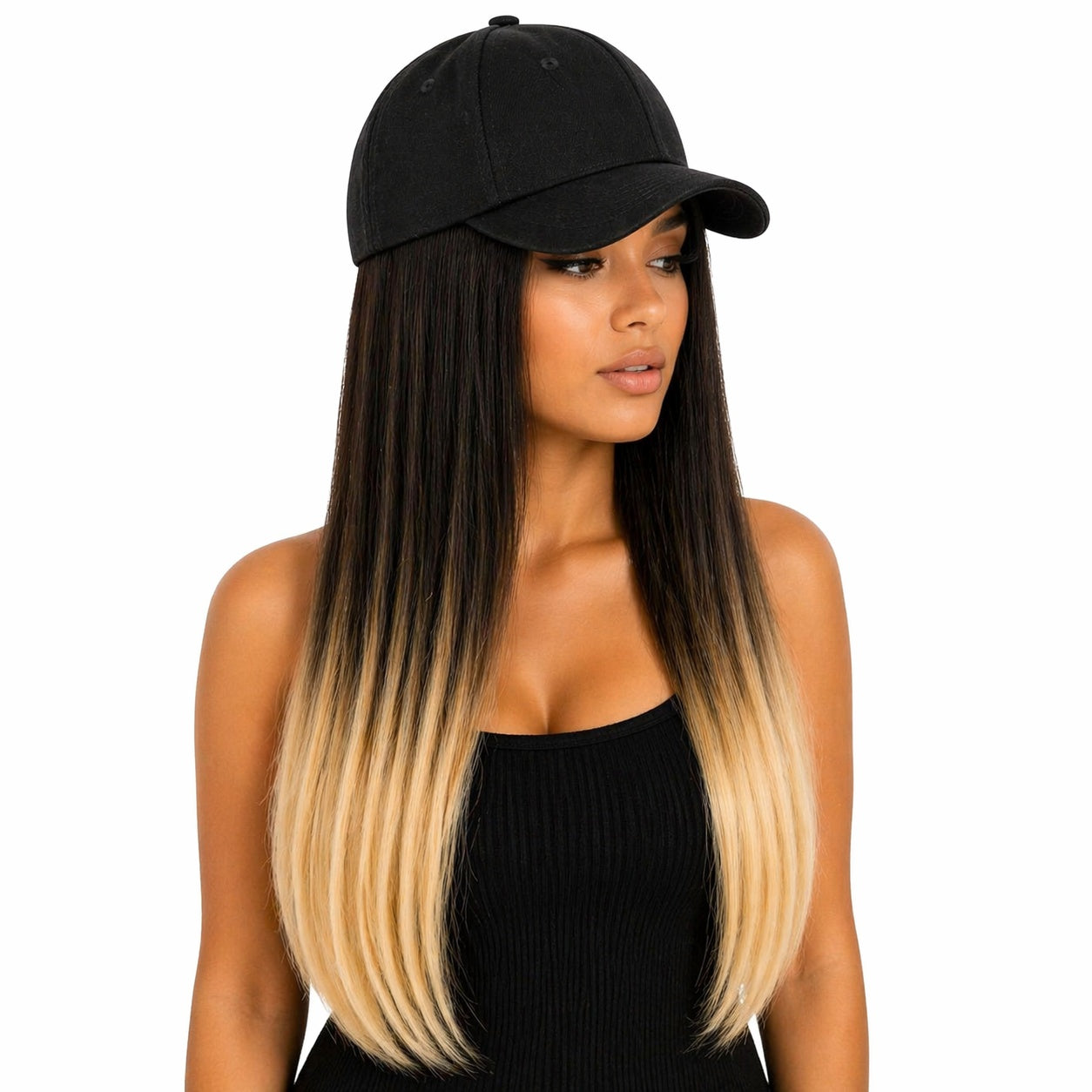 Peruca lunga 50 cm cu sapca neagra, par negru cu ombre blond