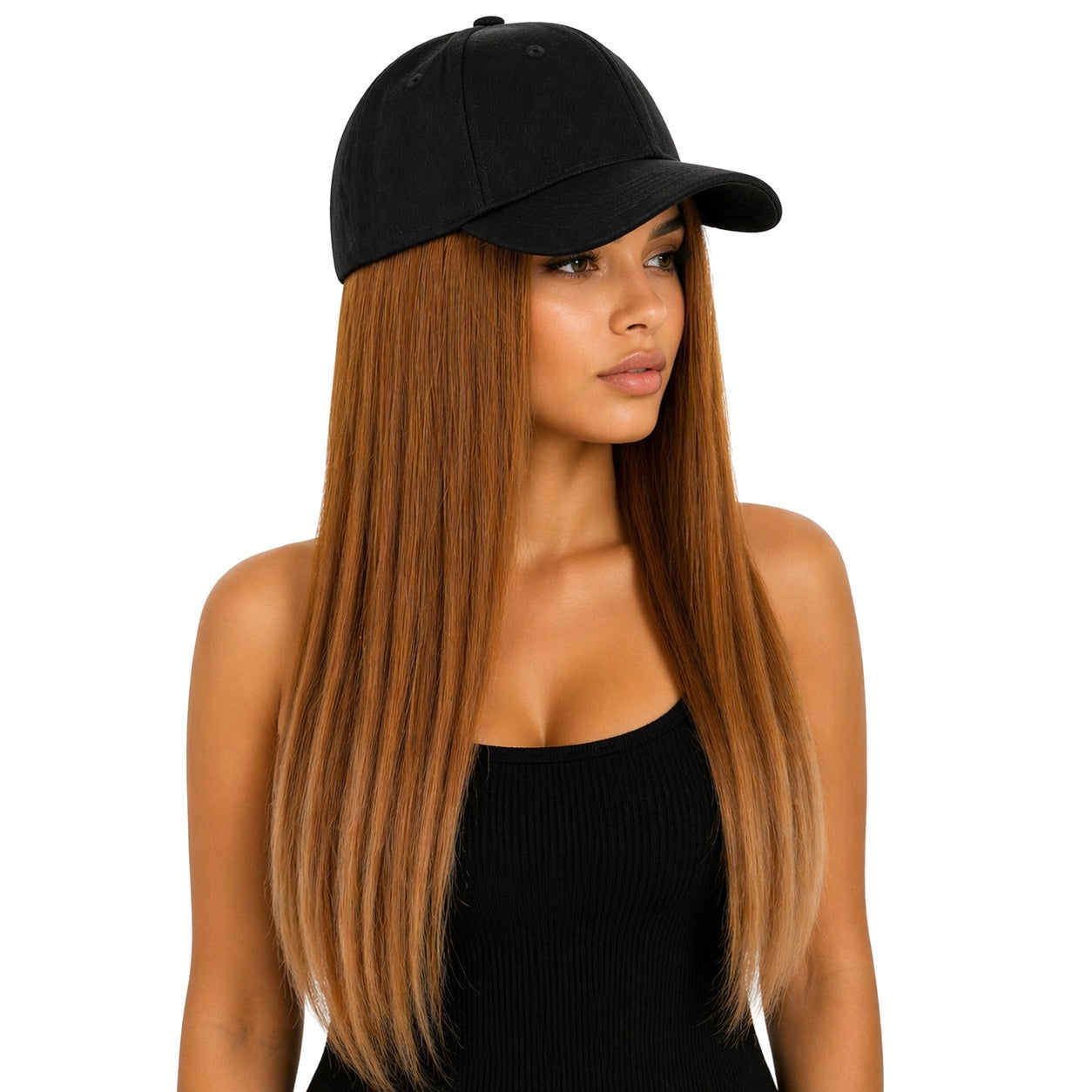 Peruca lunga 50 cm cu sapca neagra, par saten drept