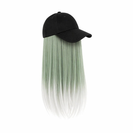 Peruca lunga 50 cm cu sapca neagra, par verde cu ombre alb