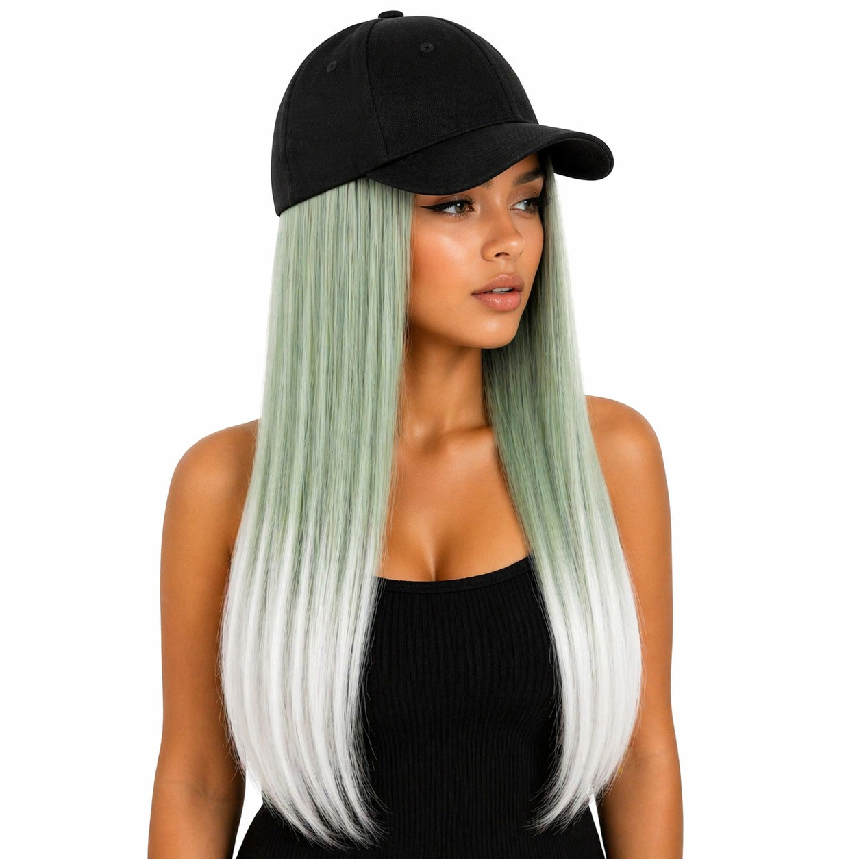 Peruca lunga 50 cm cu sapca neagra, par verde cu ombre alb