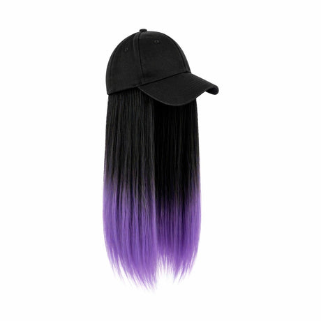 Peruca lunga dreapta negru cu ombre mov 50 cm cu sapca neagra